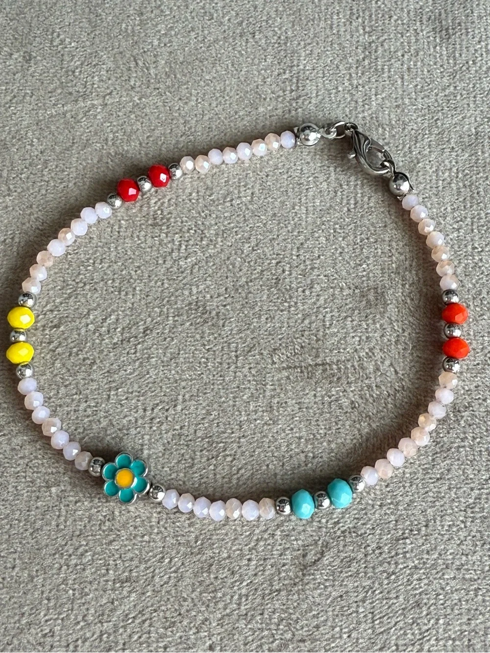 Colorful Beaded Flower Anklet — Turquoise, Yellow, Red Accents